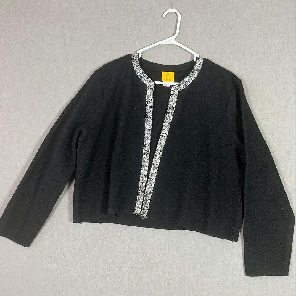 Vintage Ruby Rd. Cardigan XL 100% Wool Sequin Lace Trim Black Fair